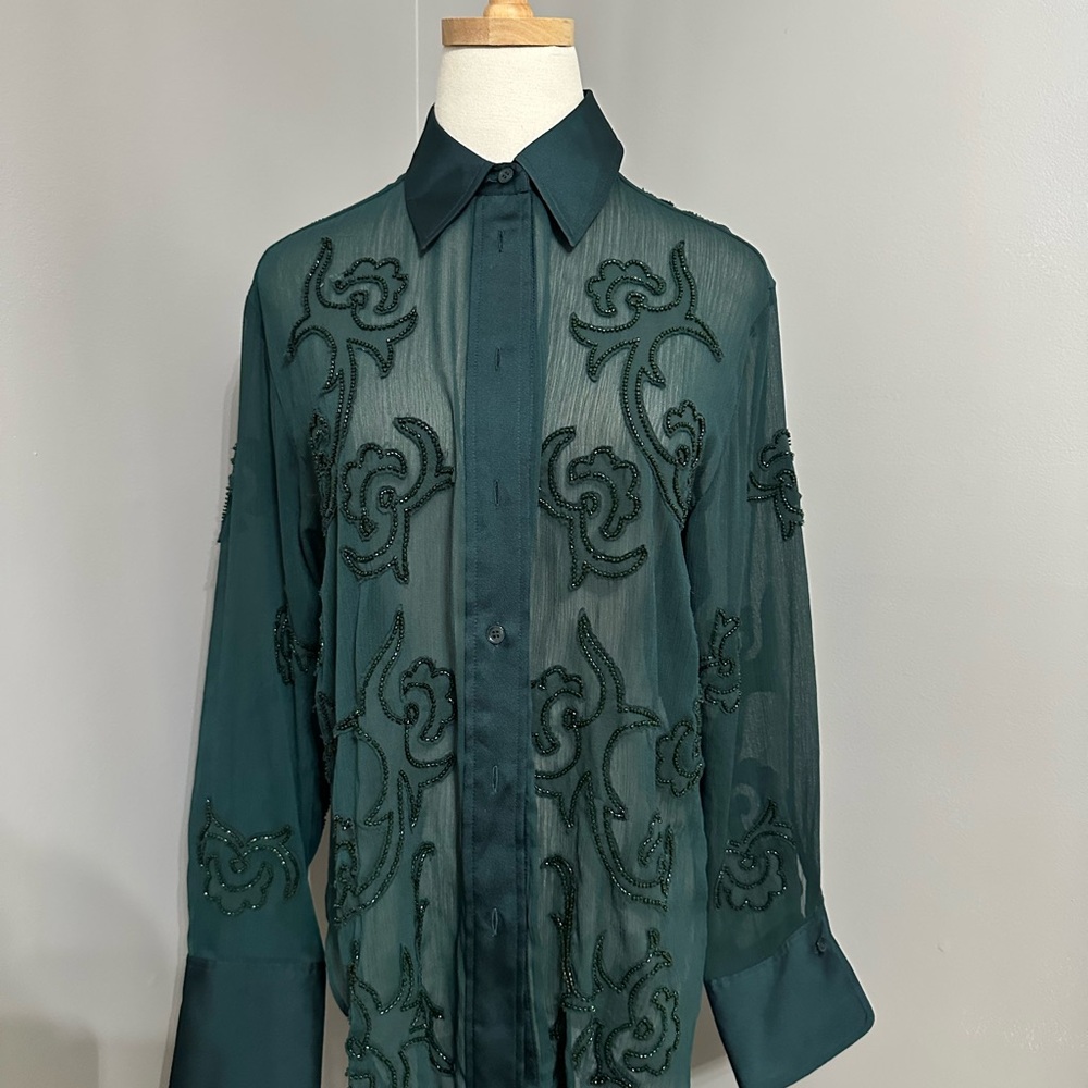 Zara Elegant Sheer Green Blouse with Beaded Details